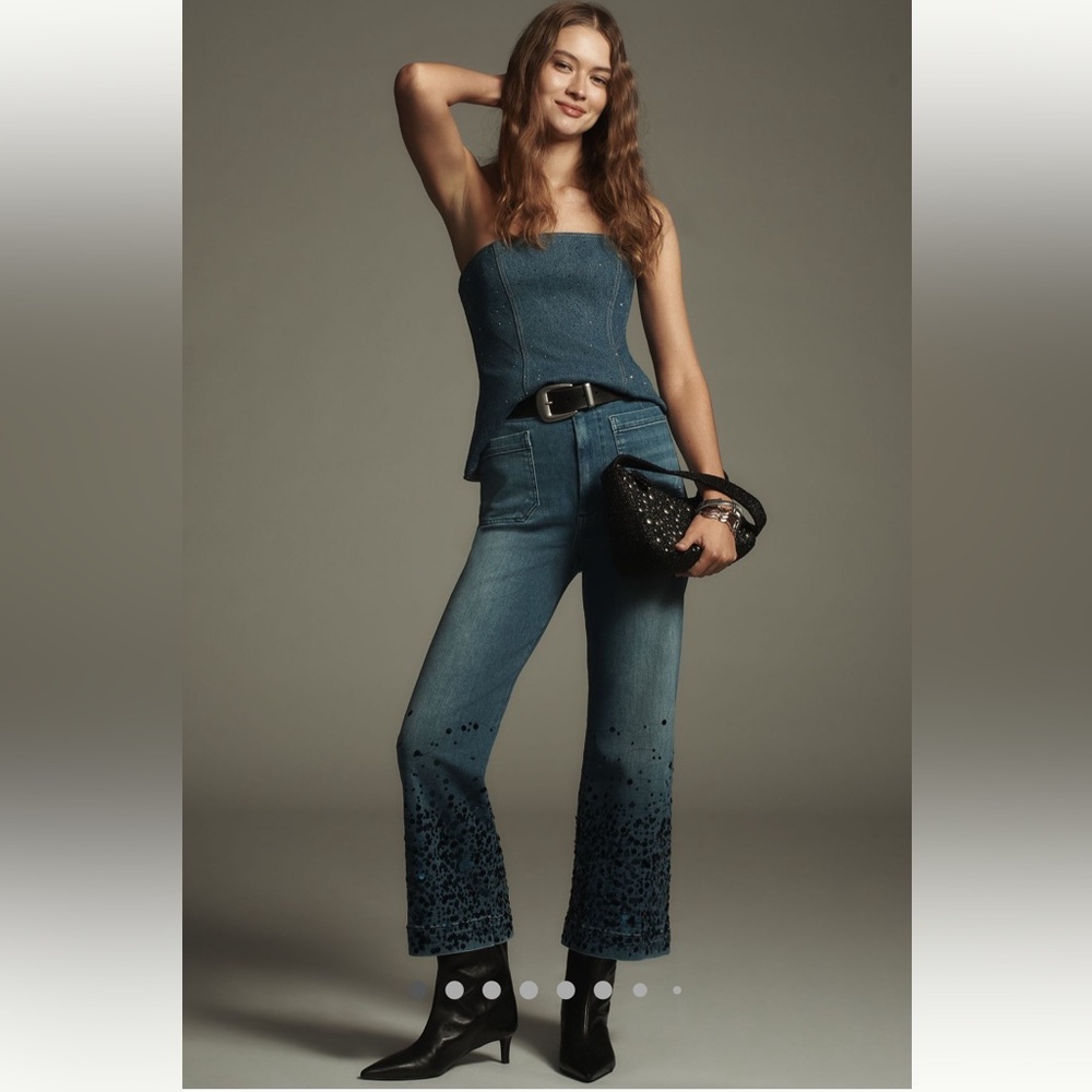NWT The Colette Cropped High-Rise Wide-Leg Jeans by Maeve: Sequin Sparkle.